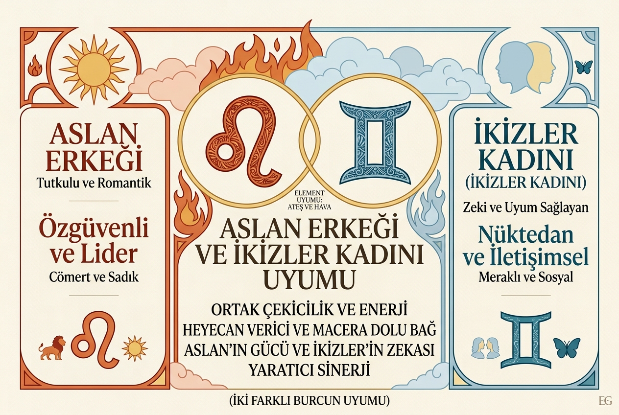 Günlük burç uyumu yorumları için temsili bir görsel. Aslan Erkeği-İkizler Kadını uyumu.