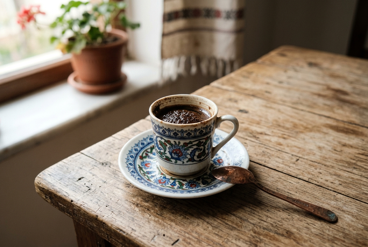 Kahve falı için gün ışığında çekilmiş, telve izleri görünen fincan