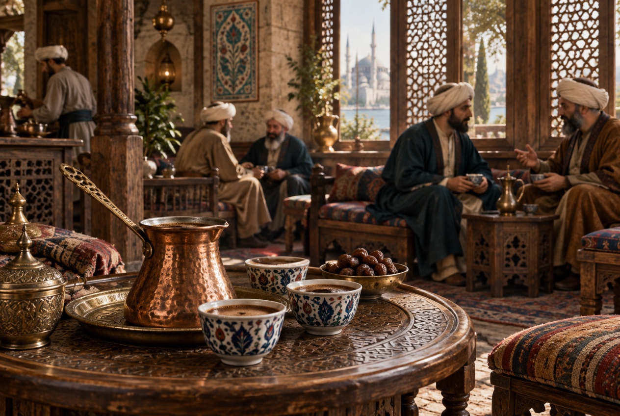 Osmanlı kahvehanelerinden esinlenen sahnede küçük kahve fincanları, bakır cezve ve sohbet eden insanlar