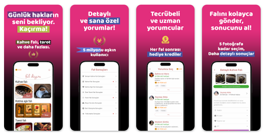 Fal Diyarı uygulaması ekran görüntüleri.